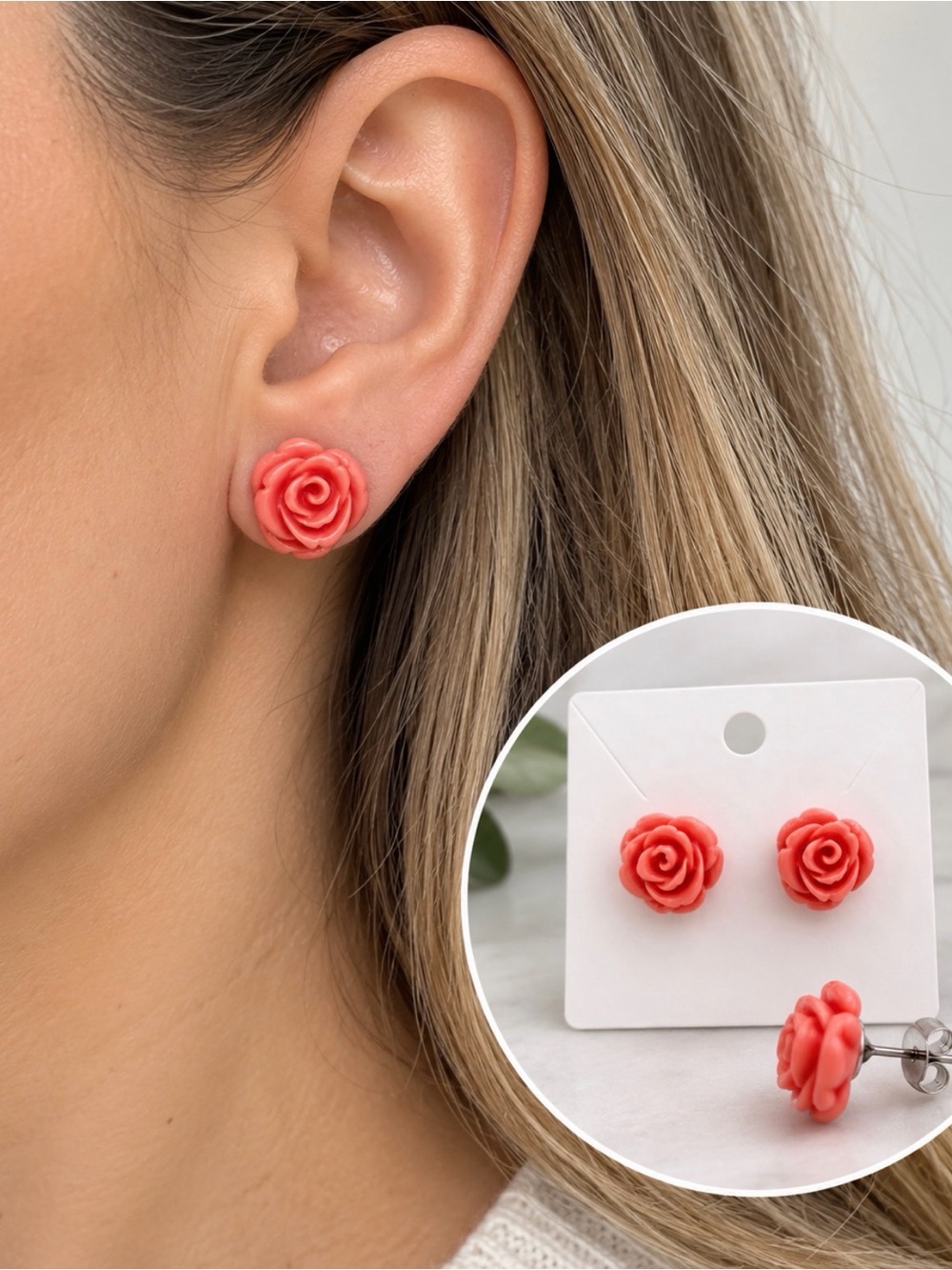 Coral Rose Stud Earrings - Women Jewelry